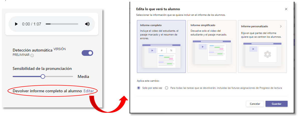 Configuración informe para alumno 