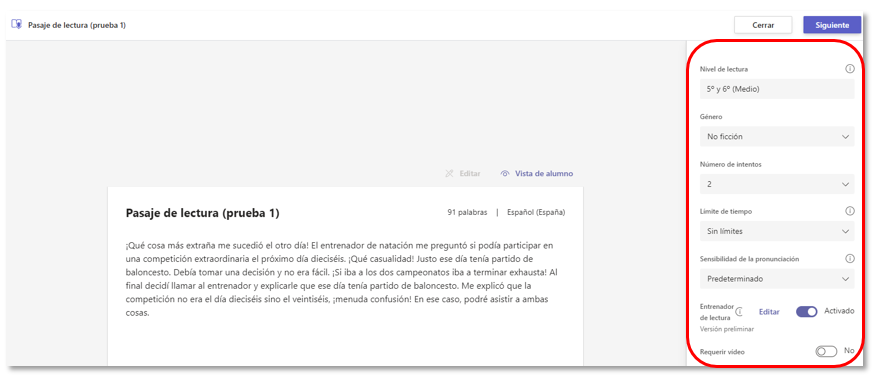 Menú de configuración de la actividad 
