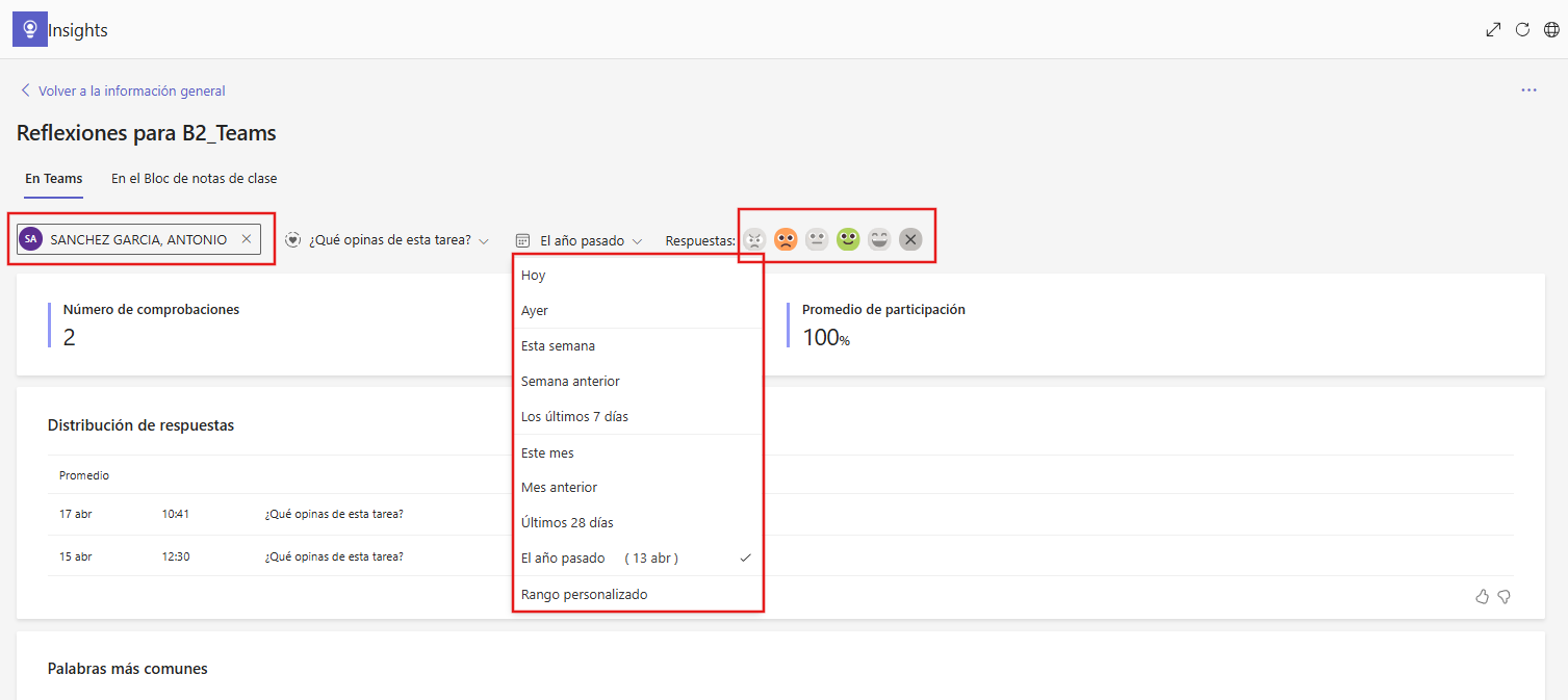 Filtros de Reflect en Insights: alumno, preguntas, tiempo y emociones
