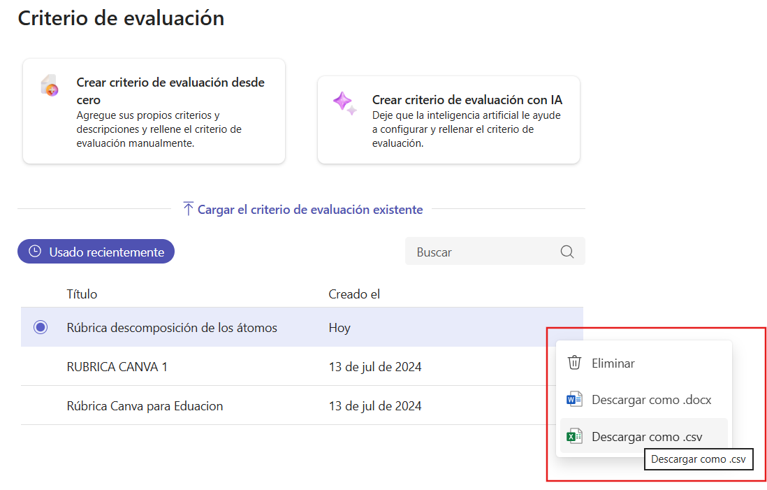 Importar rúbricas creadas previamente desde un archivo .csv