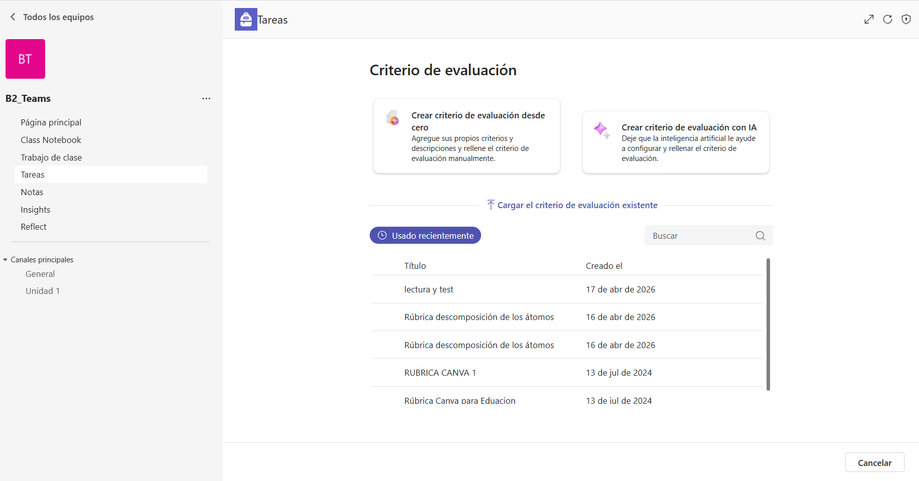 Ejemplo de aplicación en el aula. Rúbrica en archivo .csv