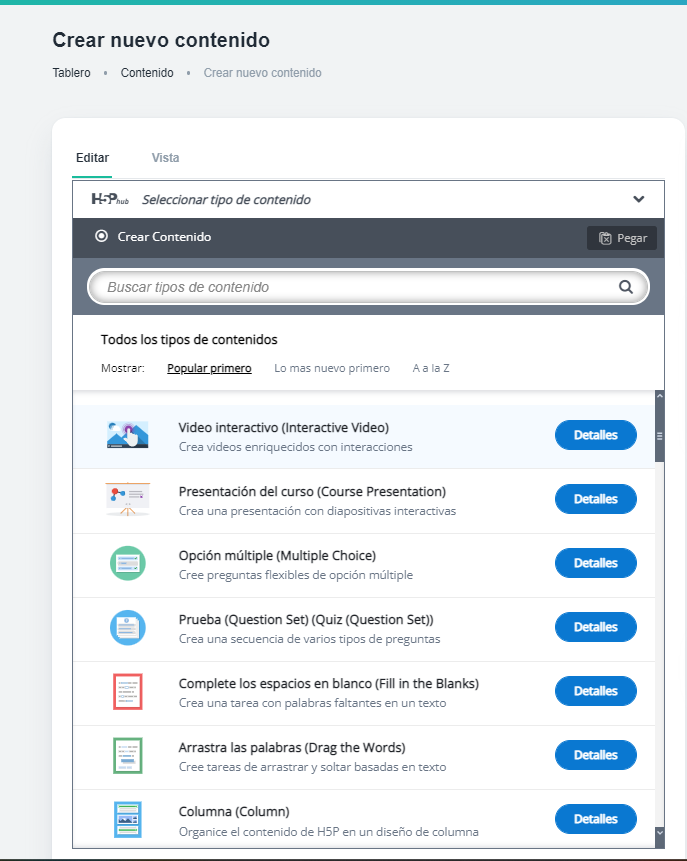 Captura crear nuevo contenido. Selector de actividades H5P