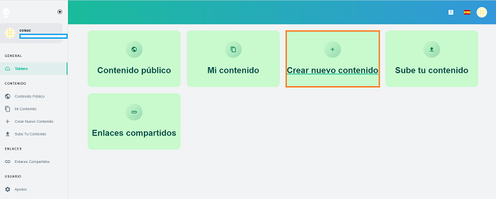 Captura  tablero Lumi web. Crear nuevo contenido
