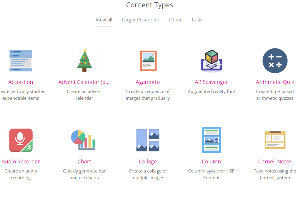 Tipos de contenidos que se pueden crear en H5P.org