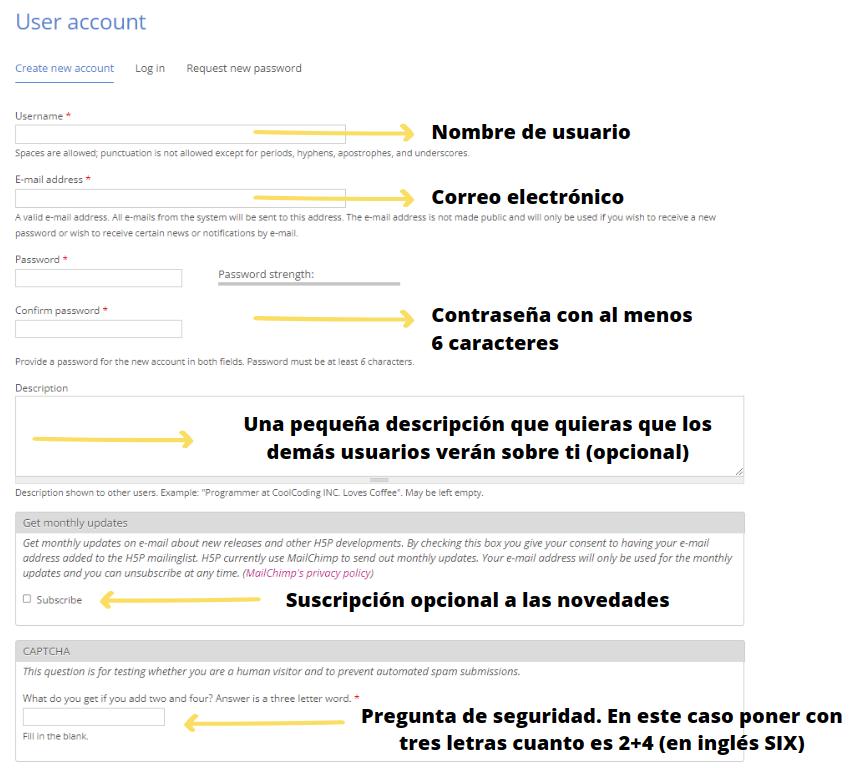 Formulario de registro en H5P.org