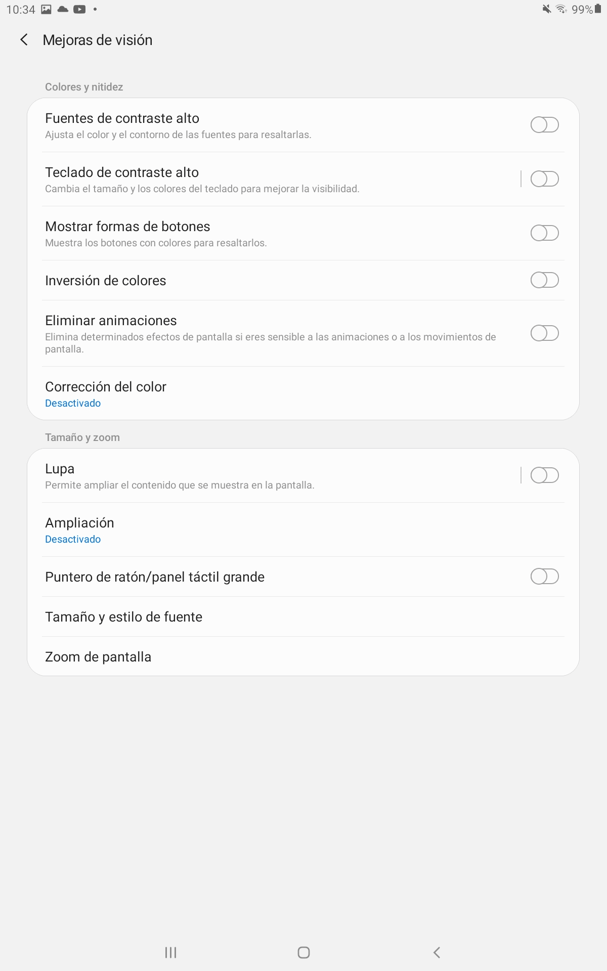 Menú mejoras de visión de un dispositivo Android