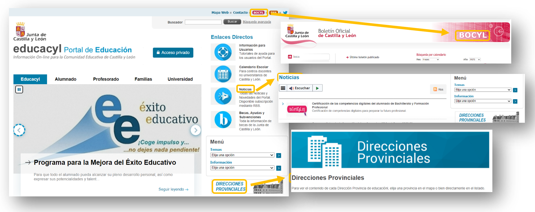 Capturas de pantalla que muestran enlaces dentro de la Portal de Educación de CyL