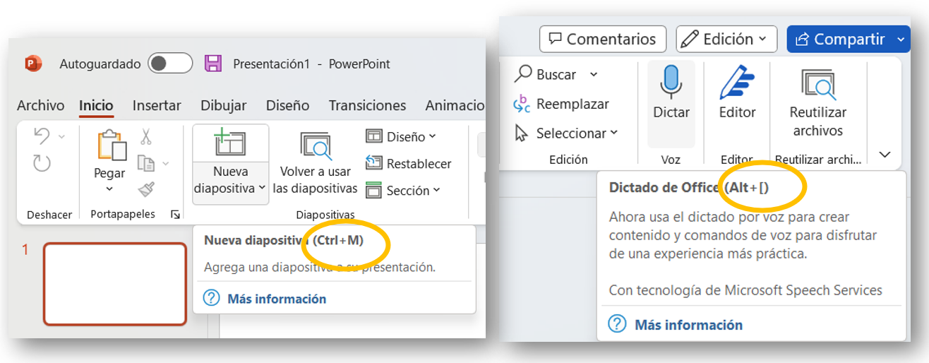Ejemplo de cómo saber un atajo de teclado en PowerPoint y en Word.