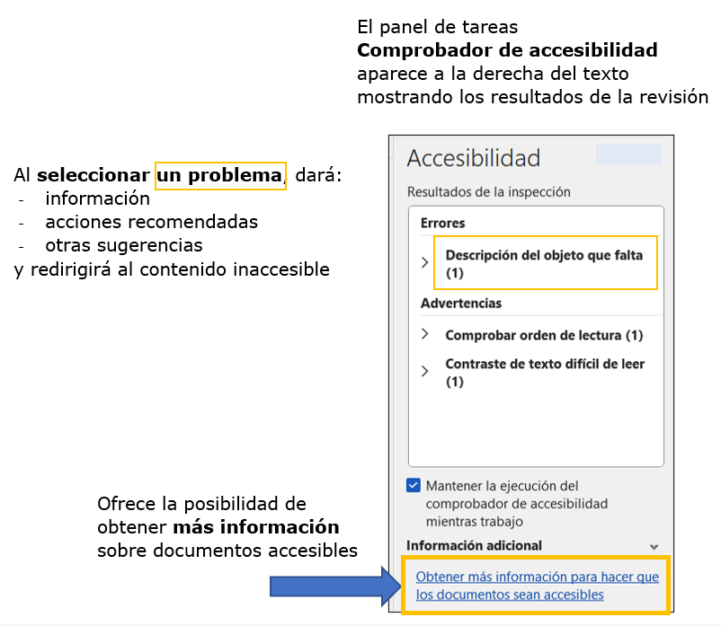 Captura de pantalla Word mostrando el panel de tareas Comprobador de accesibidad y los apartados que contiene