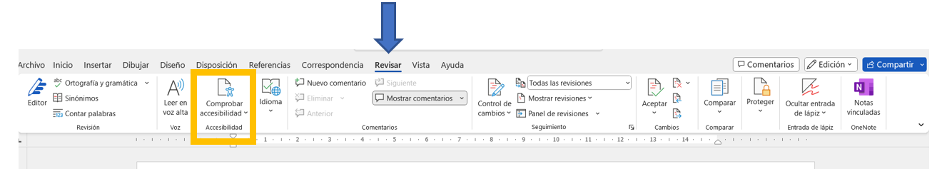 Captura de pantalla de Word indicando dónde localizar el Comprobador de accesibilidad