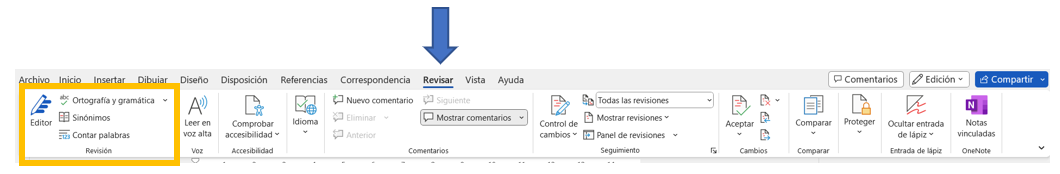 Captura de pantalla de Word indicando dónde localizar "Editor"