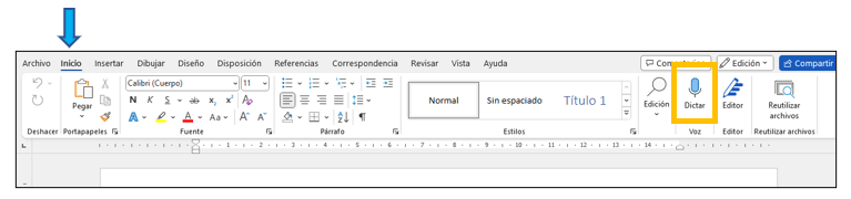Captura de Word indicando dónde localizar "Dictar"