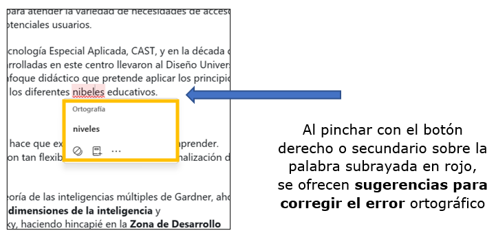Captura de pantalla de Word indicando un error ortográfico y sugerencia automática de corrrección