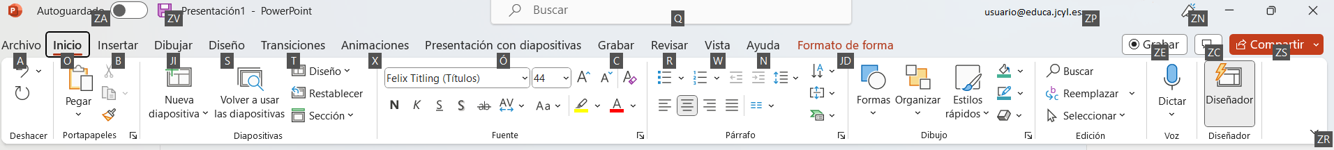 Captura de barra de herramientas de PowerPoint al pulsar Alt