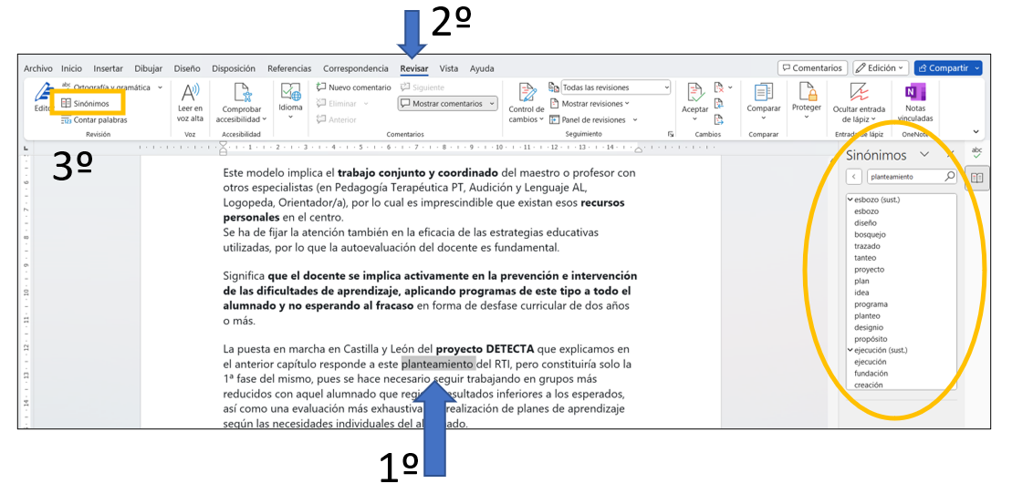 Captura de pantalla de Word indicando dónde localizar la sugerencia de sinónimos de una palabra seleccionada en el texto 