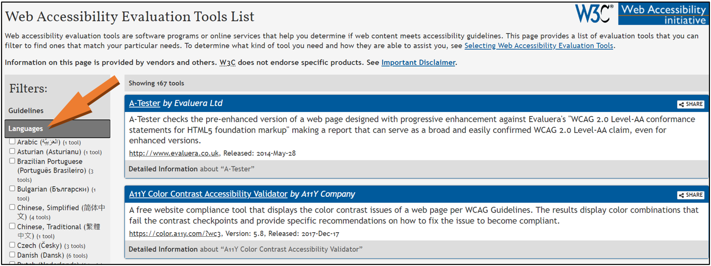 Captura Herramientas W3C. Filtro por idioma.