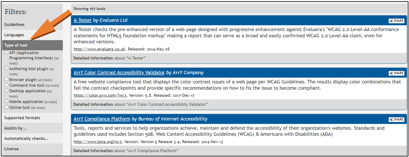 Captura Herramientas W3C. Filtro por idioma