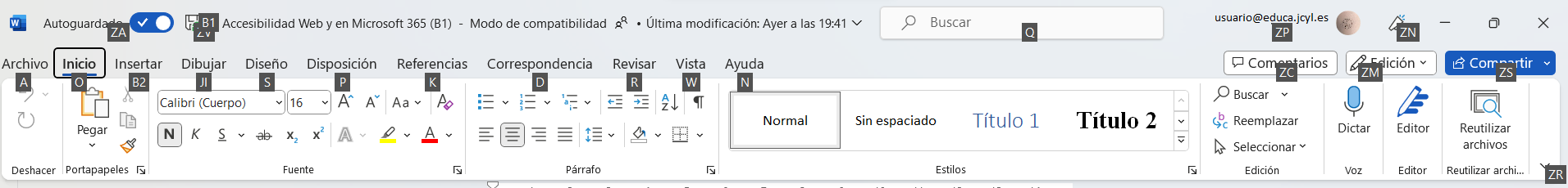 Captura de barra de herramientas de Word al pulsar Alt