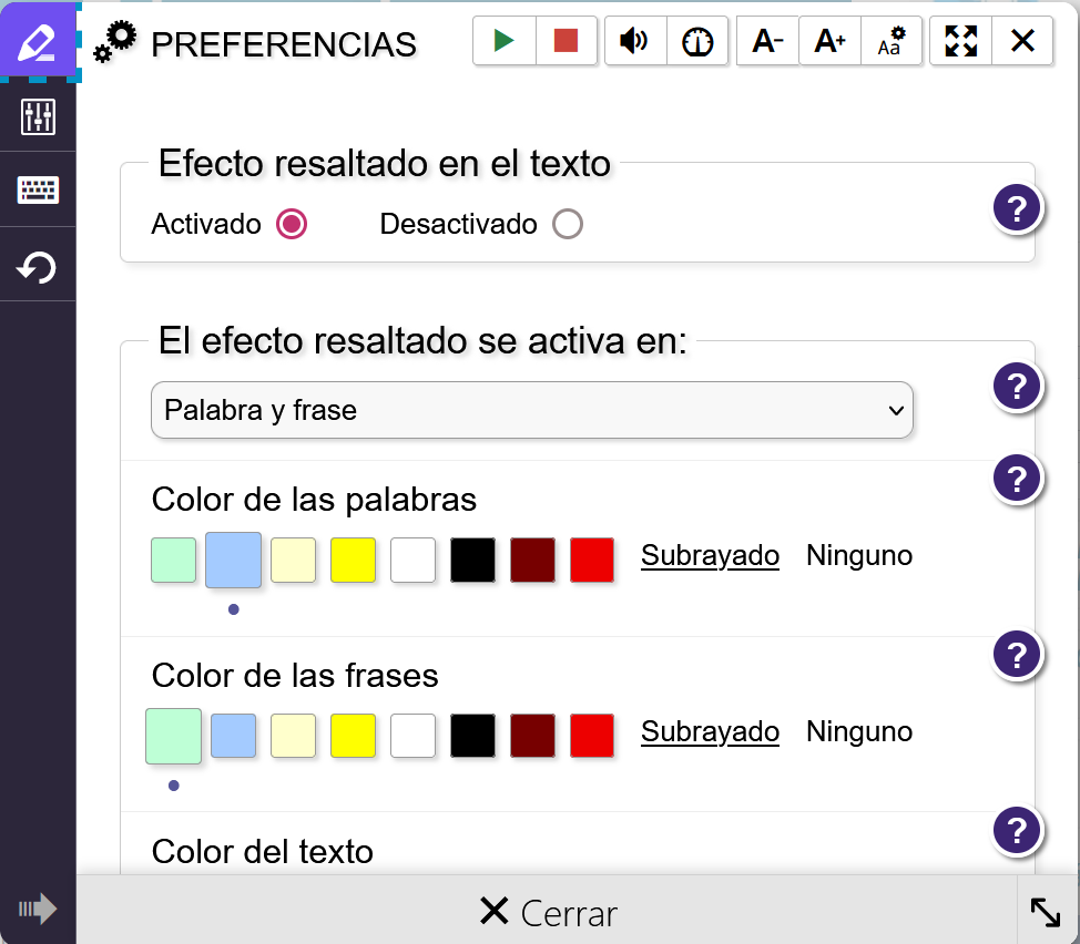 Captura de las preferencias del ReadSpeaker en EducaCyL