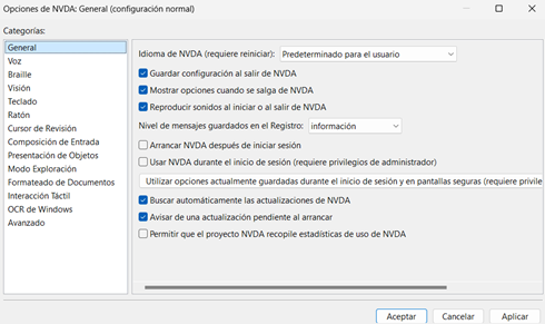 Imagen opciones de configuración de NVDA instalado en PC