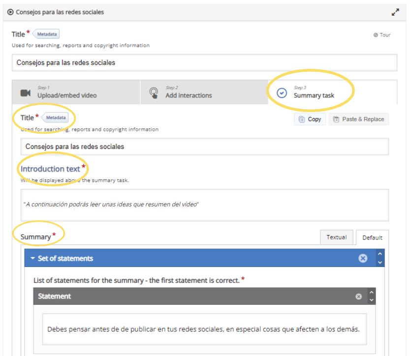 Configuración resumen vídeo