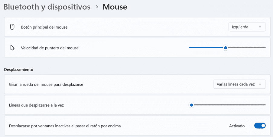 Menú Mouse en Bluetooth y dispositivos