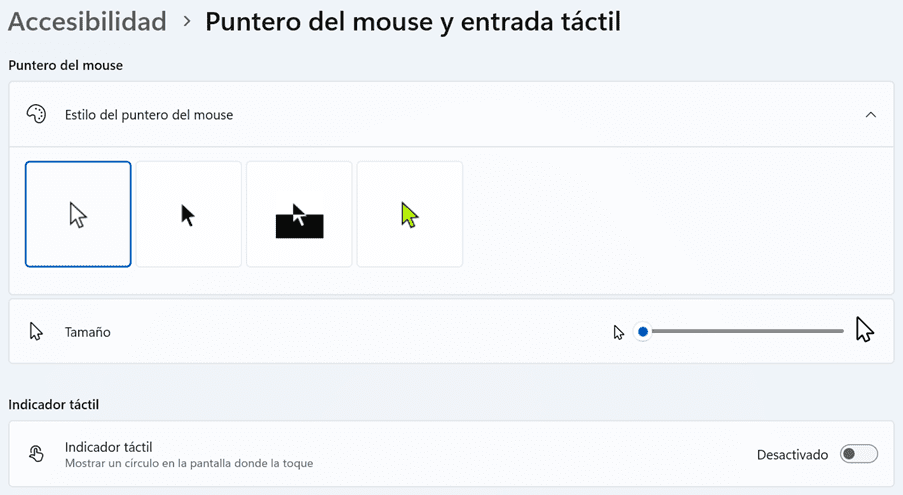 Puntero del mouse y entrada táctil