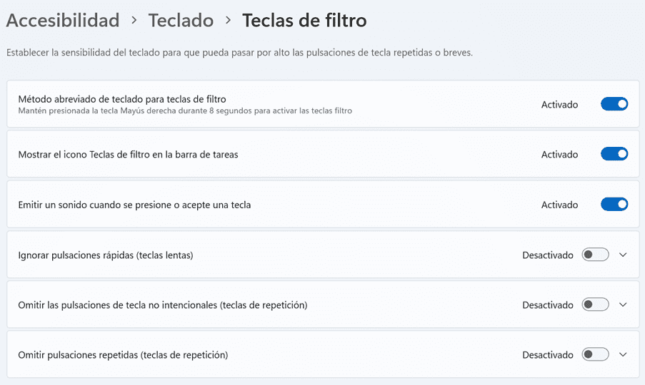 Teclas de filtro desde los ajustes de teclado del menú Accesibilidad