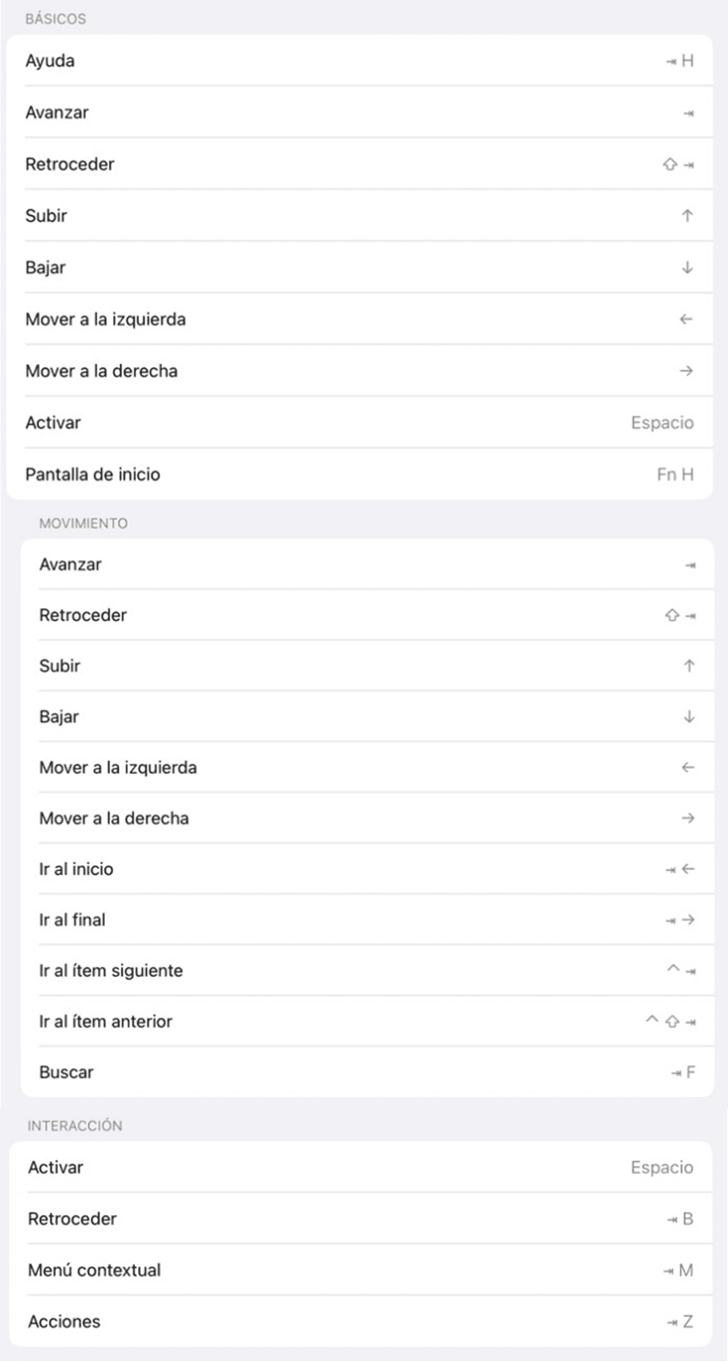 Menú con gestos disponibles en iPadOS 