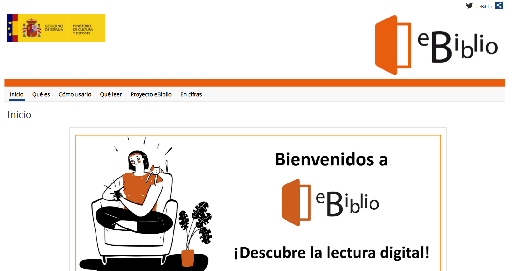 Captura de pantalla de la web de eBiblio, inicio