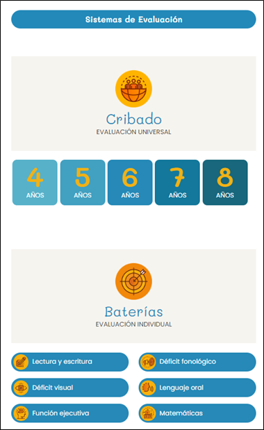 Captura de pantalla de Leeduca, zona para acceder a los sistemas de evaluación: Cribado y Baterías Captura de pantalla de Leeduca, zona para acceder a los sistemas de evaluación: Cribado y Baterías