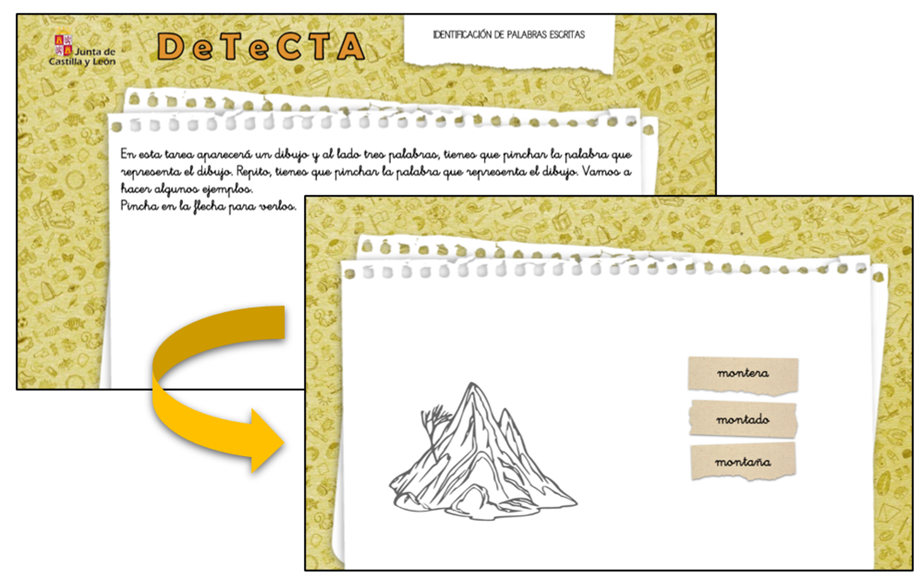 Instrucciones y tarea ejemplo de la subprueba "Identificación de palabras escritas", de DETECTA