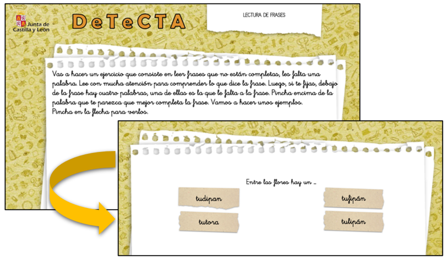 Instrucciones y tarea ejemplo de la subprueba "Lectura de frases", de DETECTA