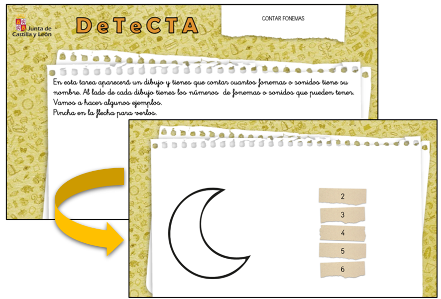 Instrucciones y tarea ejemplo de la subprueba "Contar fonemas", de DETECTA