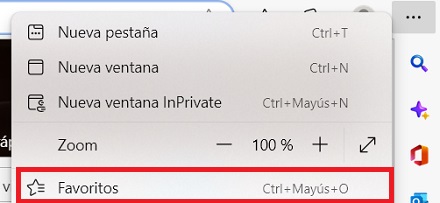 Se observa en los ajustes del navegador Microsoft Edge donde se encuentra la pestaña de favoritos