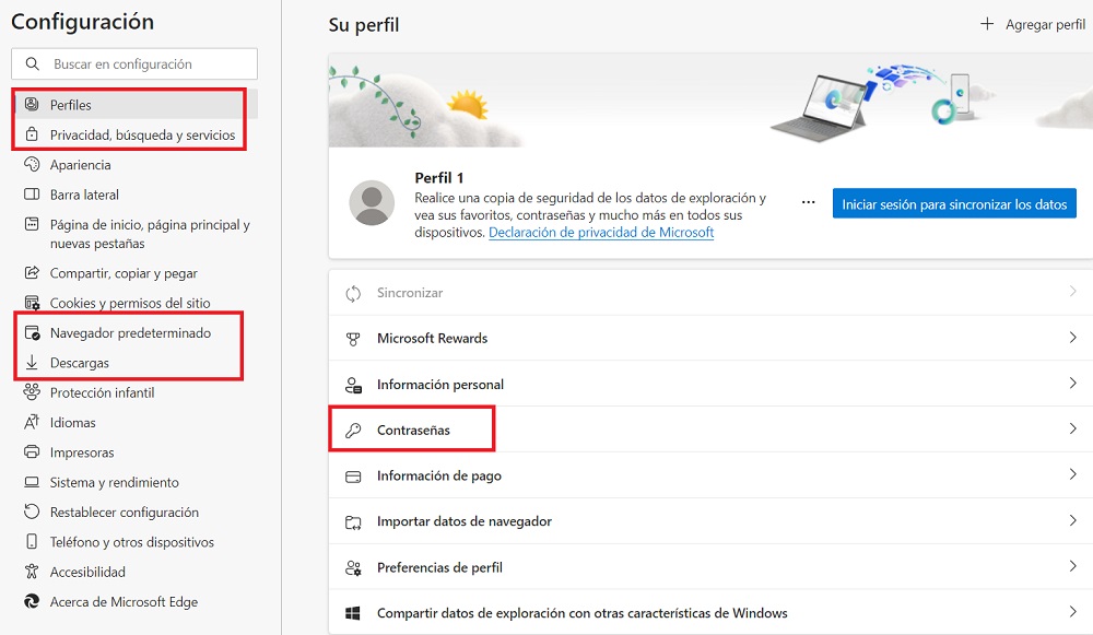 Se muestra la configuración del navegador Microsoft Edge
