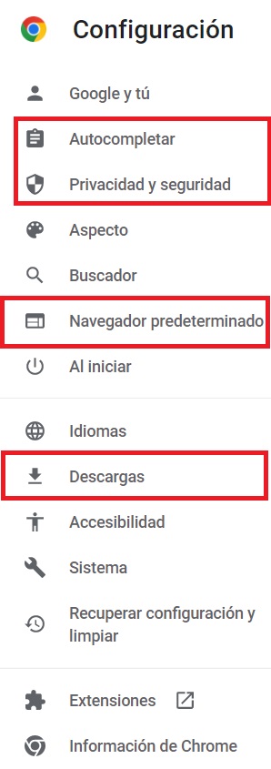 Vista de los ajustes de Google Chrome