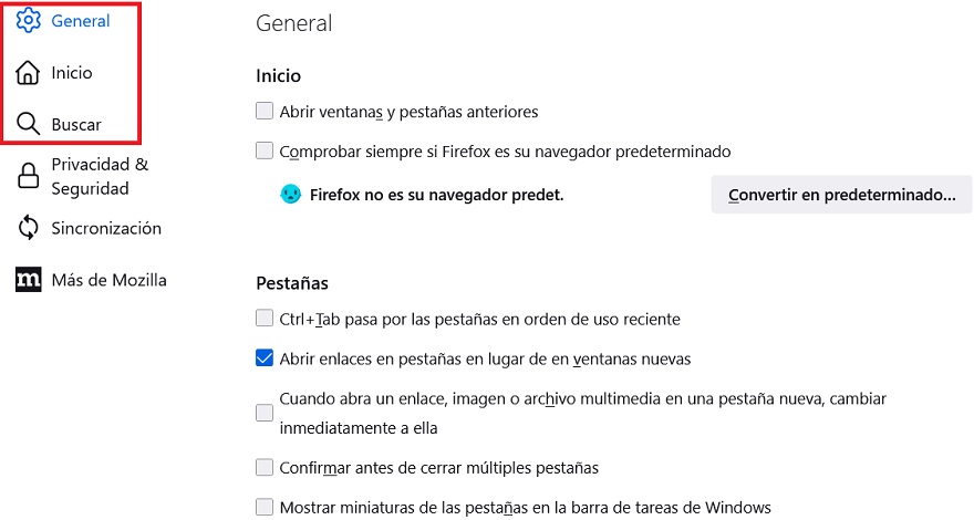 Se ven los ajustes generales del buscador Mozilla Firefox