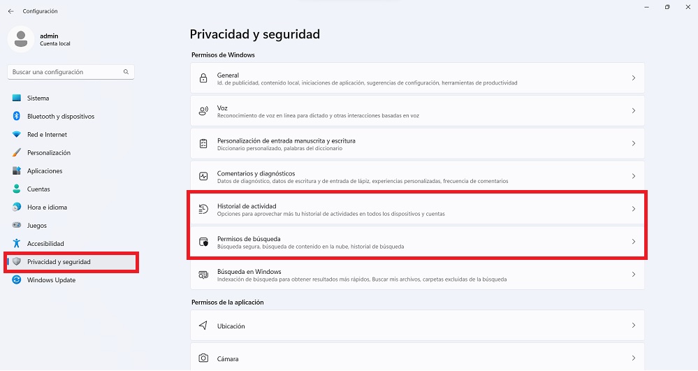 En la imagen se puede ver el desplegable que aparece dentro de configuración de Windows, privacidad y seguridad.