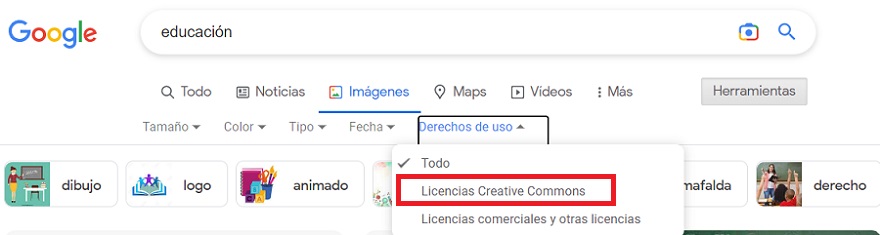 Se observa el desplegable de imágenes del buscador Google