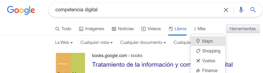 Se ve un desplegable que sale de la barra del buscador Google y donde aparecen las siguientes opciones: Shopping, libros, vuelos y finance