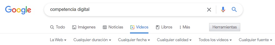 Se ve la búsqueda de un vídeo sobre competencia digital y se muestran las distintas herramientas de búsqueda.