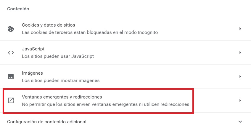 Se ve una sección concreta sobre las ventanas emergentes dentro del apartado de configuración del sitio del navegador Google Chrome