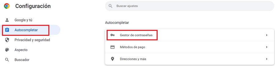Dentro de configuación de Google Chrome se ven resaltados los campos: Autocompleta y gestor de contraseñas