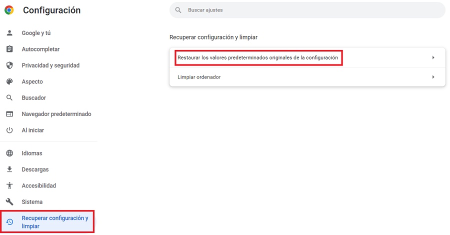 Dentro de configuración de Google Chrome, se ve resaltado el apartado de: Recuperar configuración y limpiar 