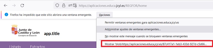 Se ve el desplegable que aparece cuando pulsas las opciones del mensaje de Firefox ha impedido que este sitio abriera una ventana emergente.