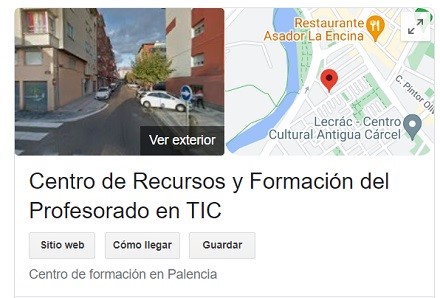 Se ve la calle y localización del Centro de Recursos y Formación del Profesorado en TIC de Palencia