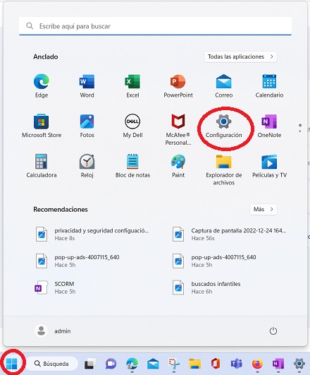 Se muestra imagen con el dibujo de Windows marcado y la aplicación configuración