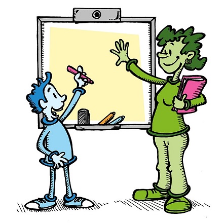 Niño y maestra utilizando una pizarra digital