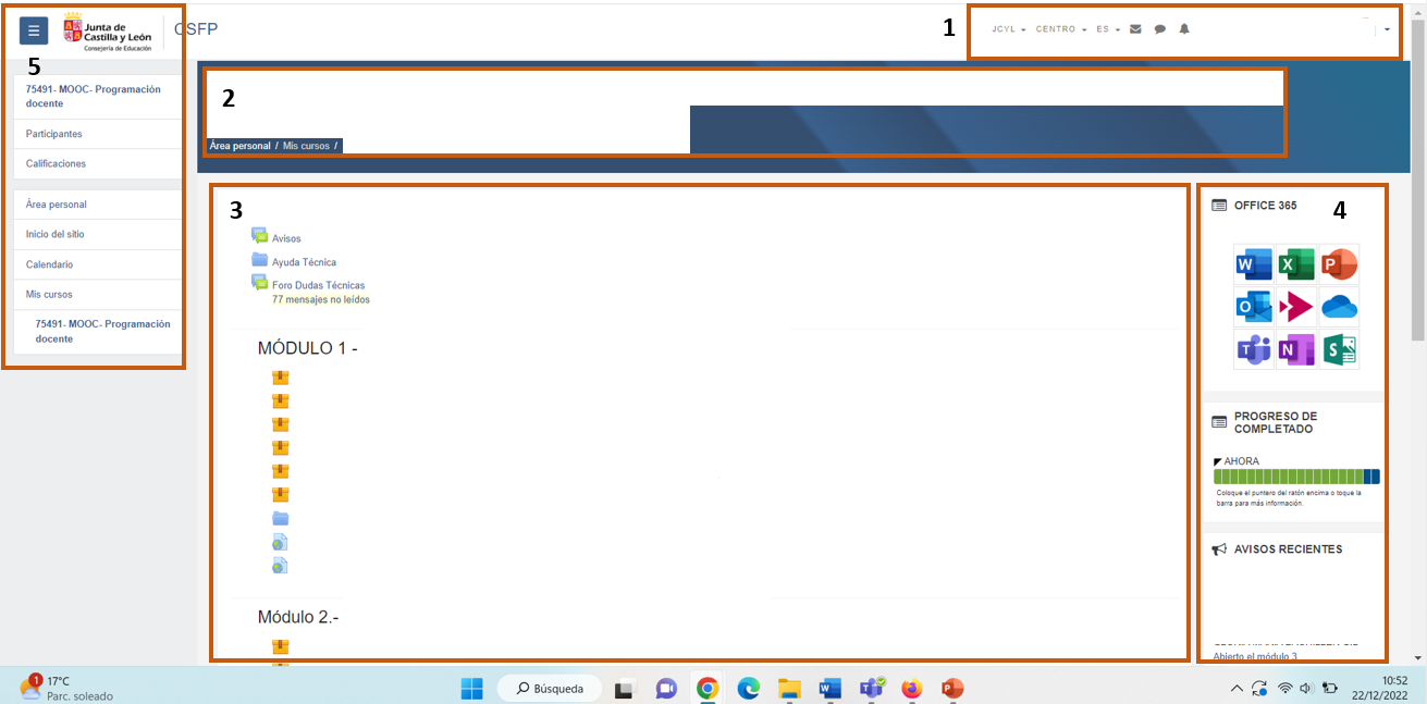 Captura numerada con las secciones de Moodle